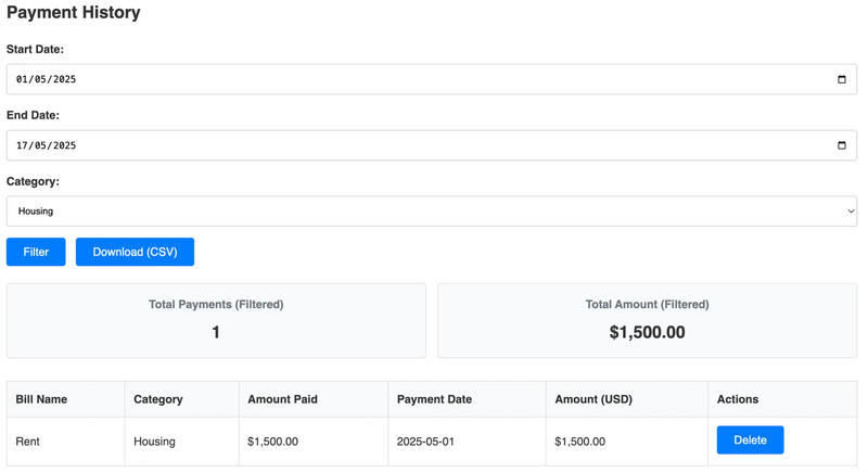 Payment history with filtering options